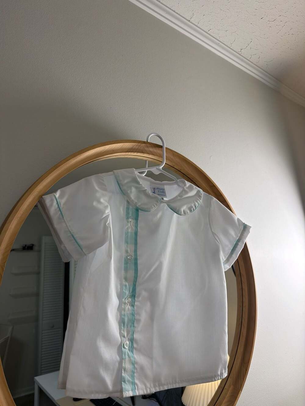 Anvy Kids Toddler Boy White Pique Short Sleeve Shirt with Aqua Check Trim 4T